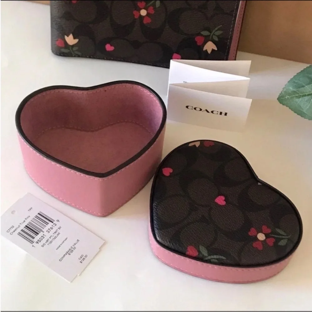 Coach Pink Leather Heart Jewelry Box Signature Canvas Heart Petal Print